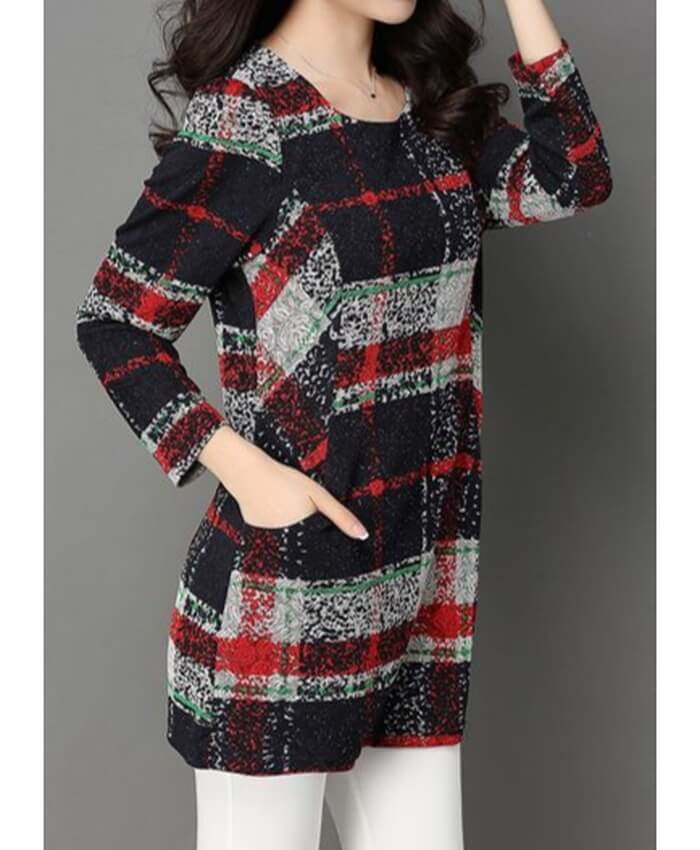 Long Sleeve Printed Pocket Round Neck Navy Blouse